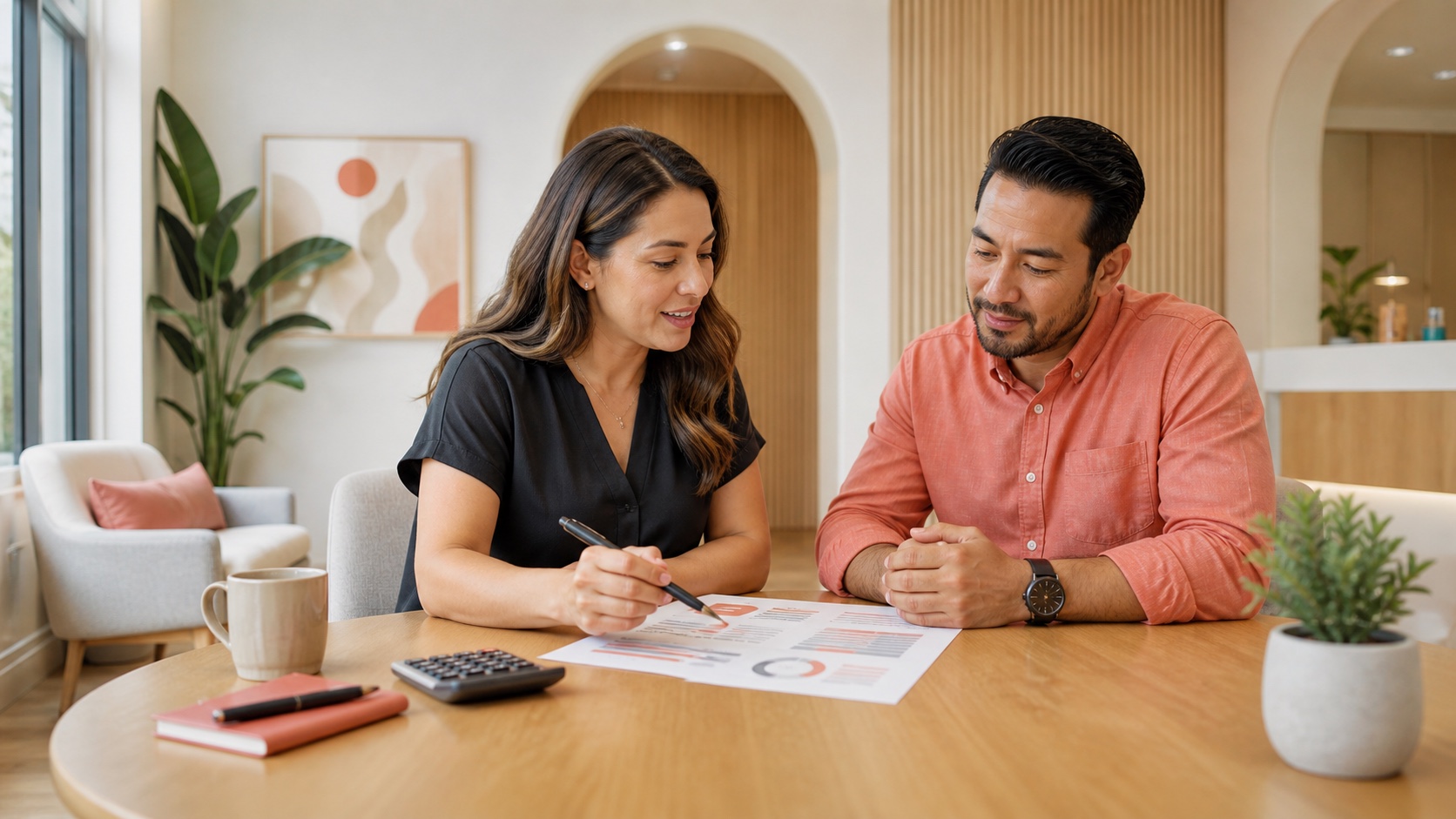 Patient and care professional reviewing a health plan cost summary together at a round table