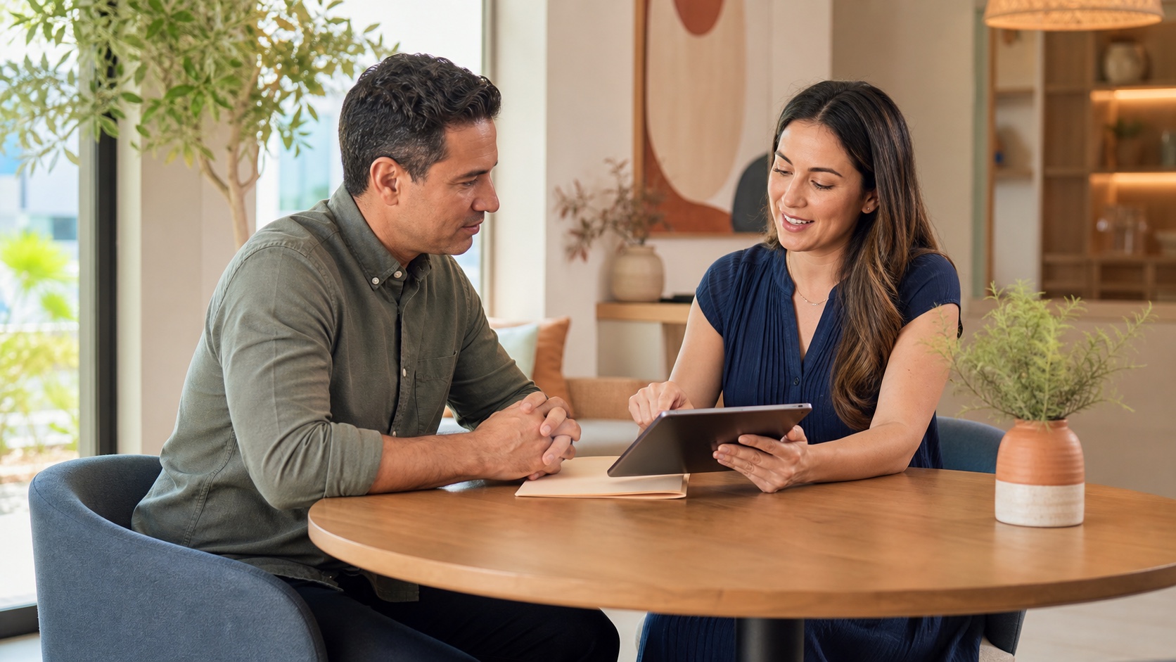 Patient and primary care provider reviewing a specialist referral plan at a round table